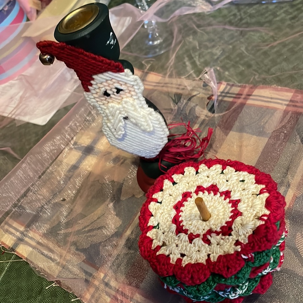 Hand made crochet Christmas coaster’s and crochet wooden candle holder